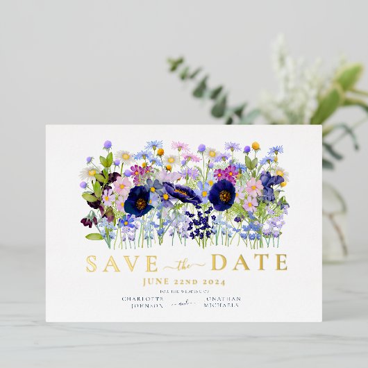 カラフルフローラ水結婚色の金ゴールド 箔招待状 (立ち正面)