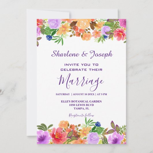 カラフルフローラ水結婚色 招待状 (正面)