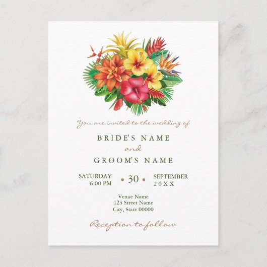 カラフルフローラ熱帯結婚式招待状 ポストカード (正面)