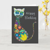 カラフルフローラ猫ハッピーバースデー カード (黄色い花)