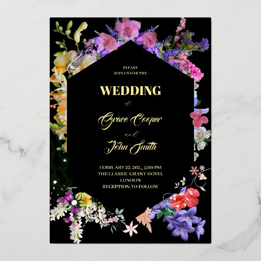 カラフルフローラ縁ど 箔招待状 (正面)