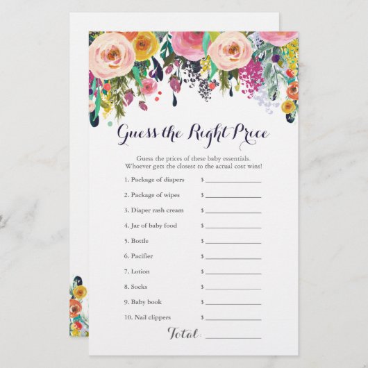 カラフルフローラ赤ちゃんシャワー価格右ゲームカード (正面/裏面)