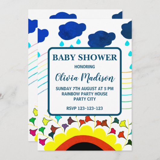 カラフルフローラ雲男女兼用赤ちゃんシャワー 招待状 (正面/裏面)