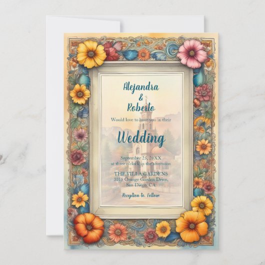 カラフルフローラ額入りチャペル結婚メキシコ 招待状 (正面)
