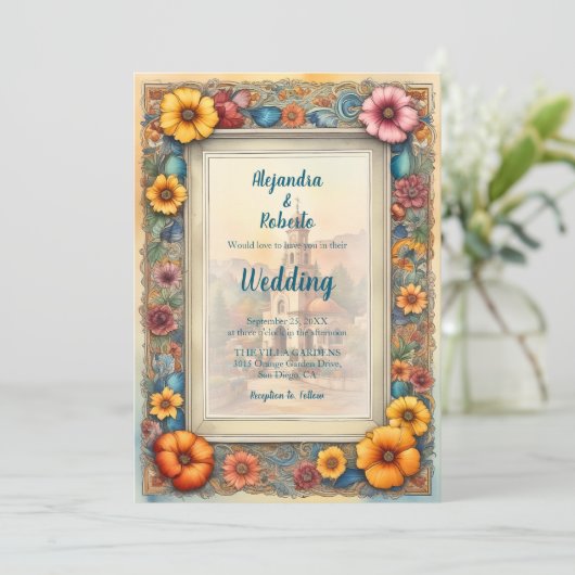 カラフルフローラ額入りチャペル結婚メキシコ 招待状 (スタンド正面)