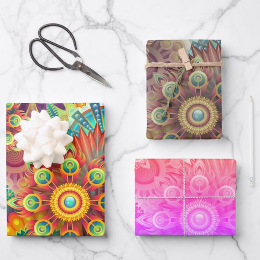 カラフルフローラ3セット ラッピングペーパーシート (正面)