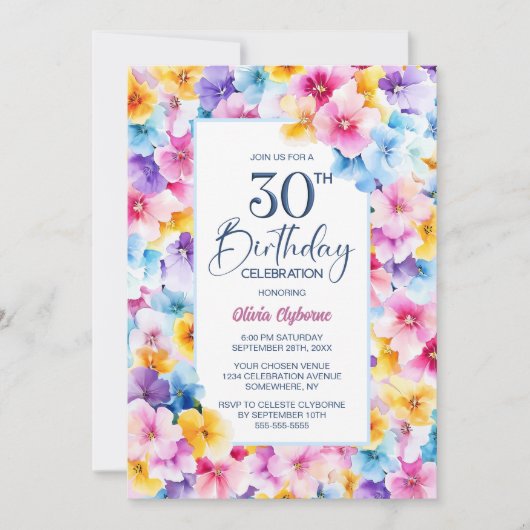 カラフルフローラ30歳の誕生日パーティー 招待状 (正面)