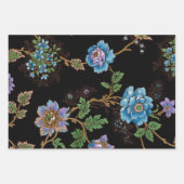 カラフルフローラ – 黒、白、青の背景 ラッピングペーパーシート (正面3)