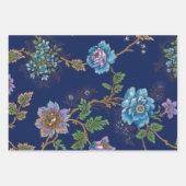 カラフルフローラ – 黒、白、青の背景 ラッピングペーパーシート (正面)