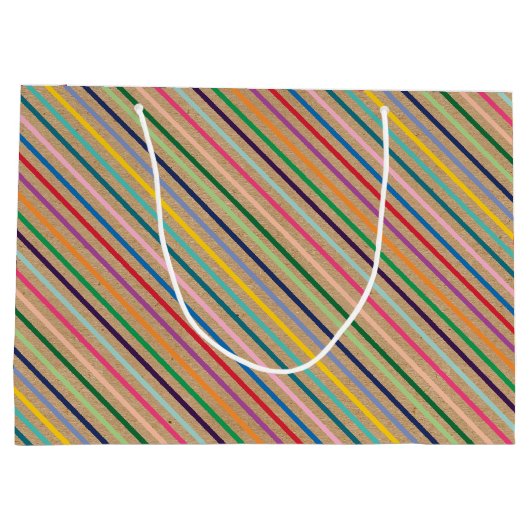 カラフルブラウンストライプクラフト上の素朴フェイクパターン ラージペーパーバッグ (裏面)