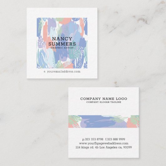 カラフルブラシストロークと落書きパターン スクエア名刺 (正面/裏面)