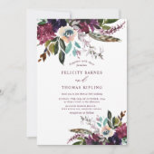 カラフルブルゴーニュ水彩フローラホワイト結婚ズ 招待状 (正面)