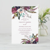 カラフルブルゴーニュ水彩フローラホワイト結婚ズ 招待状 (スタンド正面)