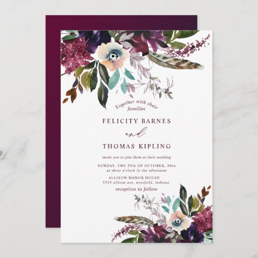 カラフルブルゴーニュ水彩フローラホワイト結婚ズ 招待状 (正面/裏面)