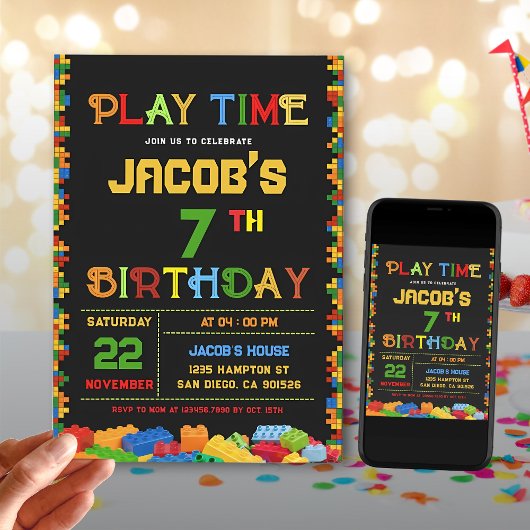 カラフルブロックの誕生日パーティー 招待状