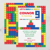 カラフルブロック 9歳の誕生日パーティー ブロック 招待状 (正面/裏面)