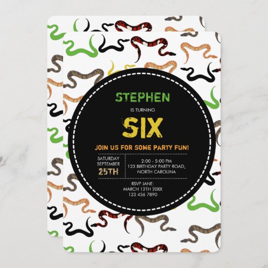 カラフルヘビPython Reptile誕生日パーティー 招待状 (正面/裏面)