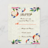 カラフルベージュ色結婚式RSVPカード上のスクロールリーフ 出欠カード (正面/裏面)