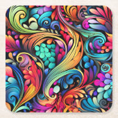 カラフルペイズリーパターン スクエアペーパーコースター (正面)