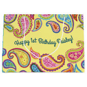 カラフルペイズリー子供の誕生日パーティー ラージペーパーバッグ (正面)