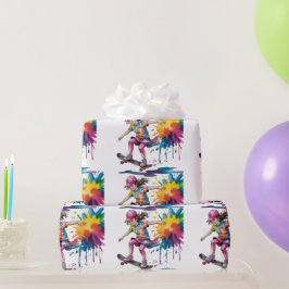 カラフルペイントガールスケートボーダー誕生日ギフト ラッピングペーパー