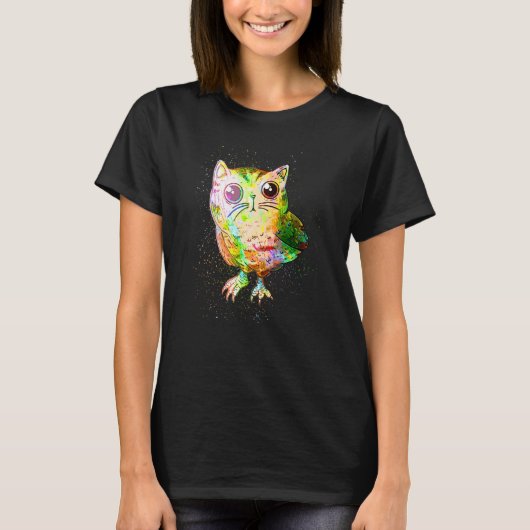 カラフルペイント飛沫シュール猫フクロウ Tシャツ (正面)