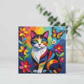 カラフルペーパーの猫、花と蝶々 カード (スタンド正面)