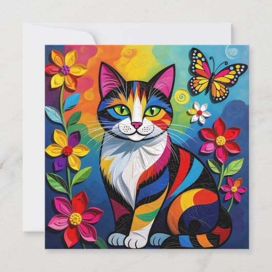 カラフルペーパーの猫、花と蝶々 カード (正面)