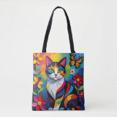 カラフルペーパーの猫、花と蝶々 トートバッグ (正面)
