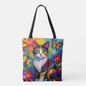 カラフルペーパーの猫、花と蝶々 トートバッグ (裏面)