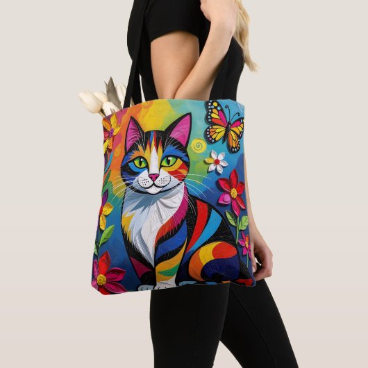 カラフルペーパーの猫、花と蝶々 トートバッグ (クローズアップ)