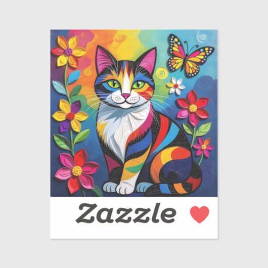 カラフルペーパーキャット、花と蝶々 シール (シート)