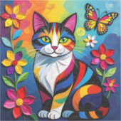 カラフルペーパーキャット、花と蝶々 シール (正面)
