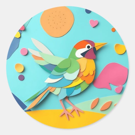 カラフルペーパーコラージュの鳥 ラウンドシール (正面)