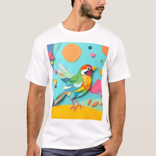 カラフルペーパーコラージュの鳥 Tシャツ (正面)