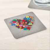 カラフルボタンのハート スクエアペーパーコースター (アングル)