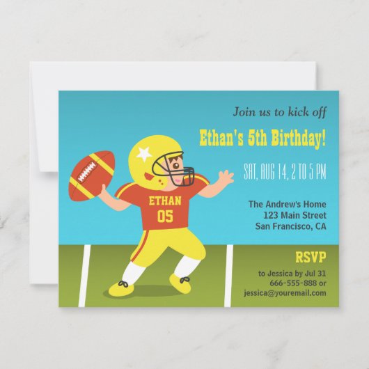 カラフルボーイフットボール誕生日パーティー招待状 招待状 (正面)