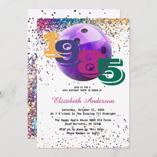 カラフルボーリング1985 40th誕生日パーティーカスタム 招待状 (正面/裏面)