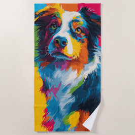 カラフルポップアートの犬の肖像画 ビーチタオル