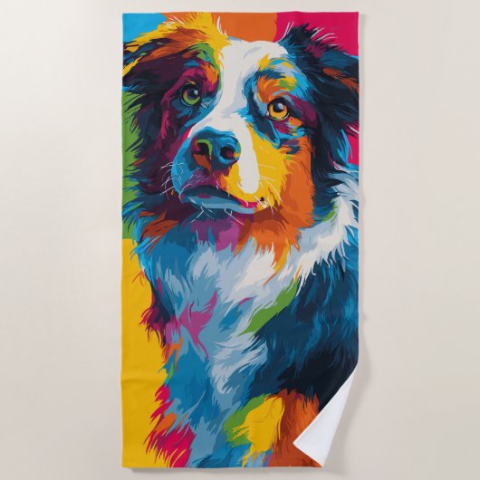 カラフルポップアートの犬の肖像画 ビーチタオル (正面)