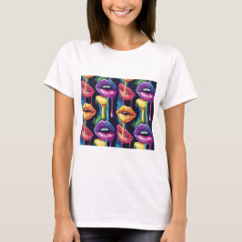 カラフルポップアートリップスTシャツ - 大胆で芸術的な女性向け Tシャツ