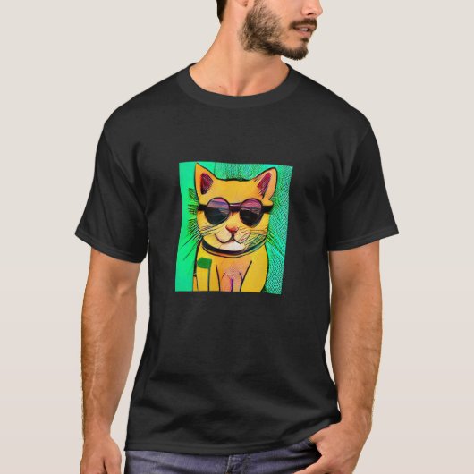 カラフルポップスタイルのメガネをかけた猫 Tシャツ (正面)