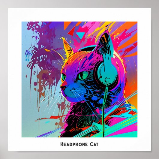 カラフルポップ・アートのクールArt Editable Headphone Cat ポスター (正面)
