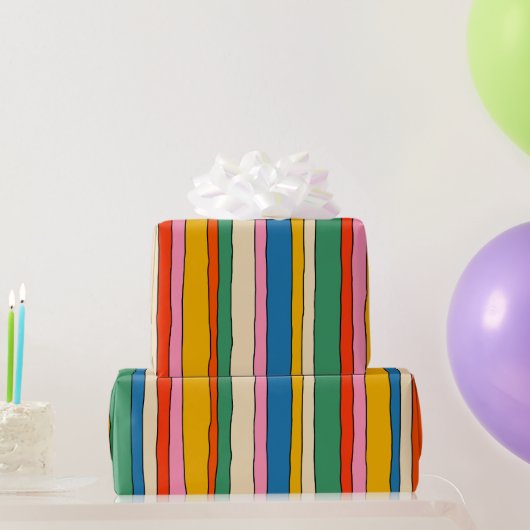 カラフルポップ・アートのストライプ紋様快活 ラッピングペーパー (パーティーギフト)