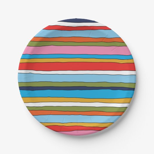 カラフルポップ・アートのストライプ線パターン ペーパープレート (正面)