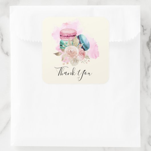 カラフルマカロンと花の水彩ありがとう スクエアシール (バッグ)