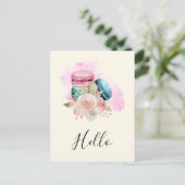 カラフルマカロンと花水彩こんにちは ポストカード (スタンド正面)