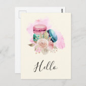 カラフルマカロンと花水彩こんにちは ポストカード (正面/裏面)