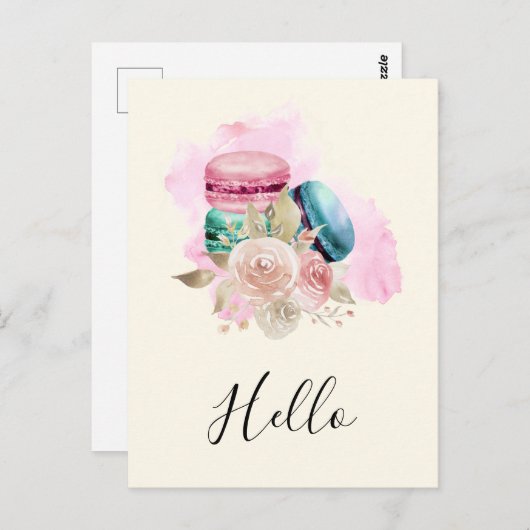 カラフルマカロンと花水彩こんにちは ポストカード (正面/裏面)