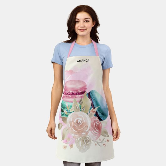 カラフルマカロンと花水彩エプロン エプロン (着用した状態)